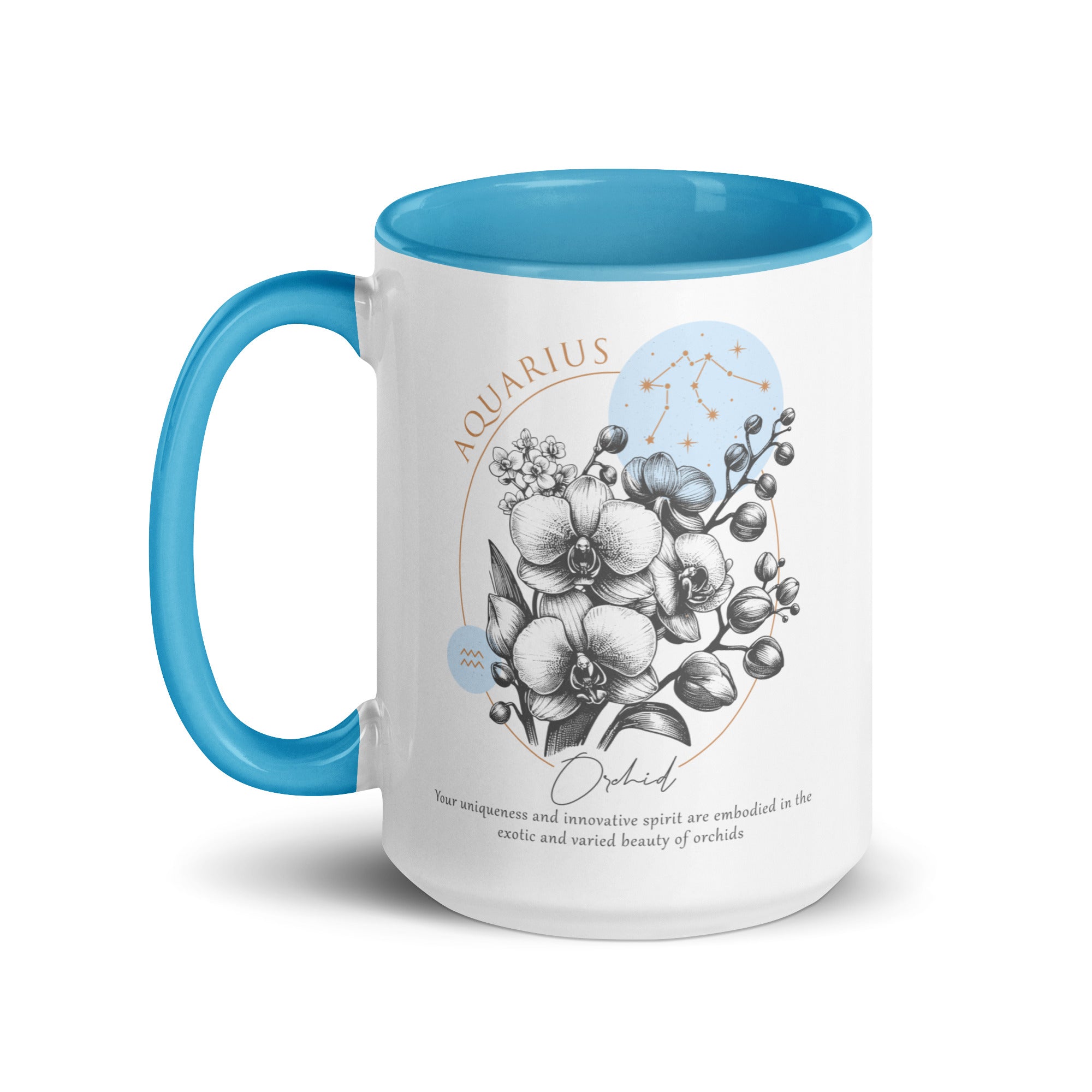 Aquarius Zodiac Orchid Birth Flower 15 oz Mug with Blue Handle - https://ascensionemporium.net